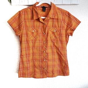 Marmot Orange Plaid Nylon Short Sleeve Button Down Shirt Large